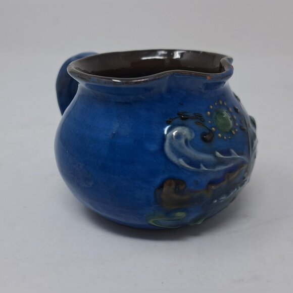 CH Brannam Barum Pottery Ceramic Mini Jug 1900 Dated Frog Fish Waves Blue 2.25" - Picture 9 of 16